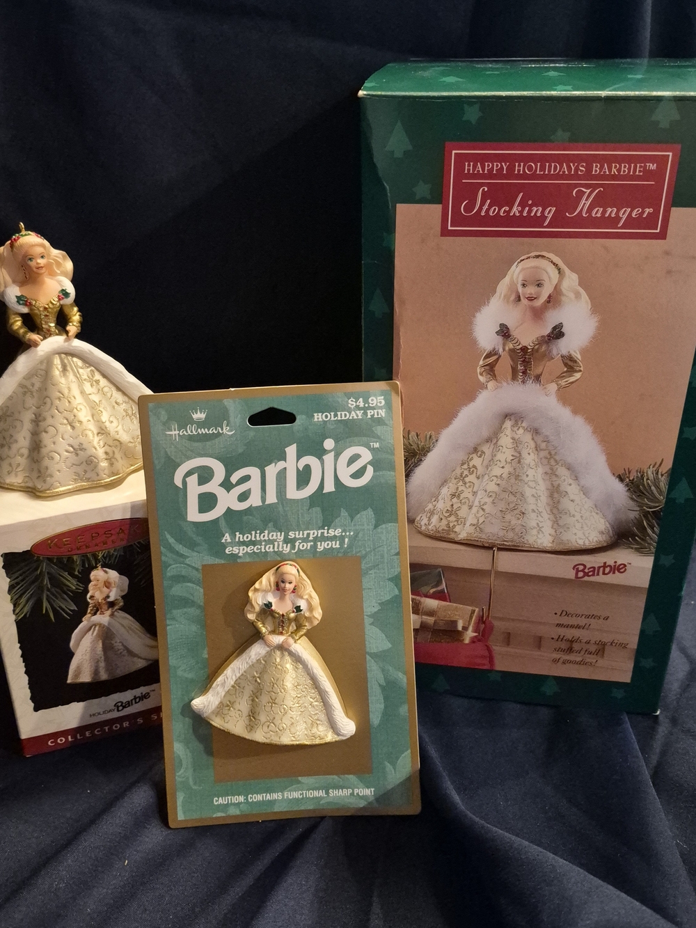 Vtg Barbie Holiday Gold and White Stocking Hanger With Matching Pin And Ornament